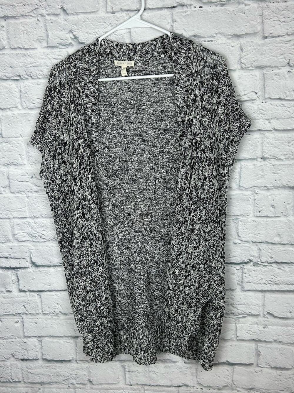 Eileen Fisher M Organic Linen Cotton Open Knit Long Cardigan Vest Black White